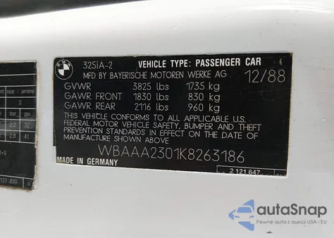 1989 BMW 325 I Automatic/Is Automatic из США, поврежденный, VIN WBAAA2301K8263186